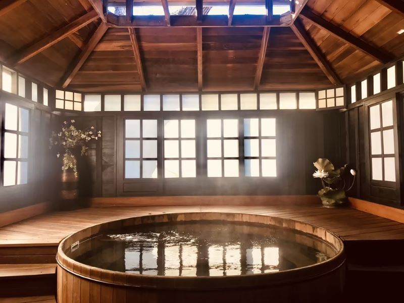 indoor hot tub installation with wooden deck