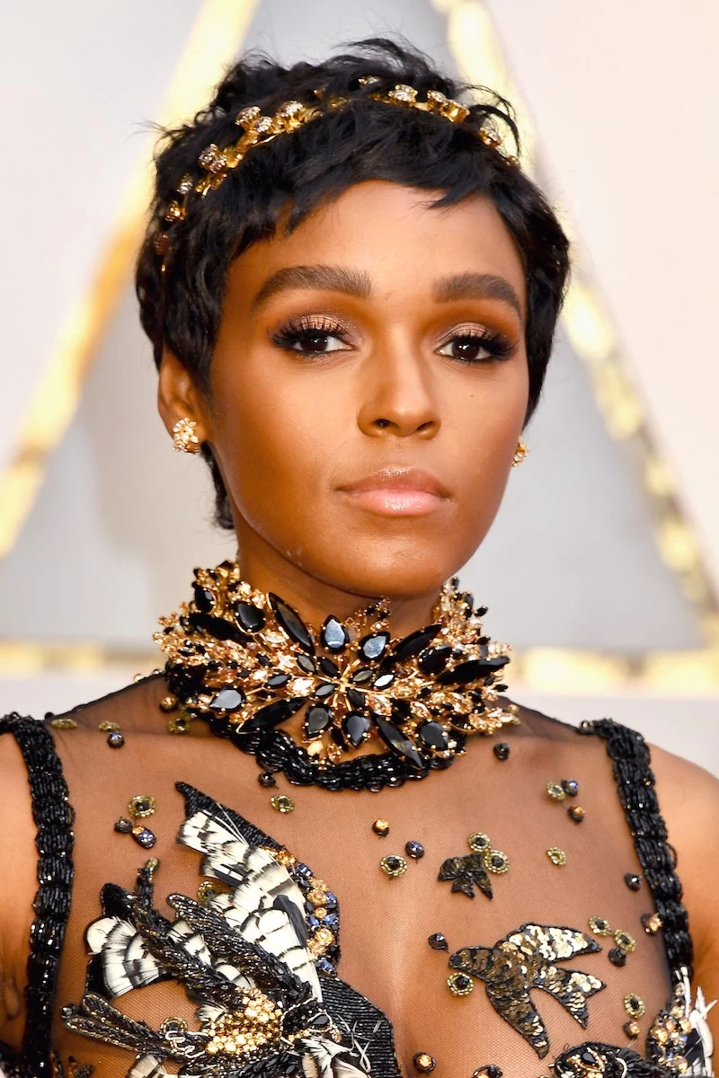 janelle monae edgy pixie cuts for round faces red carpet look