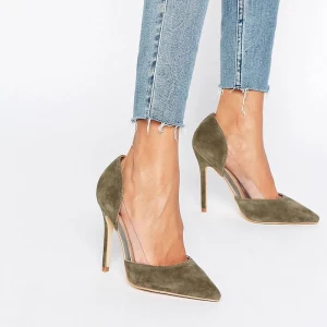 khaki suede pumps with thin heel and transparent details