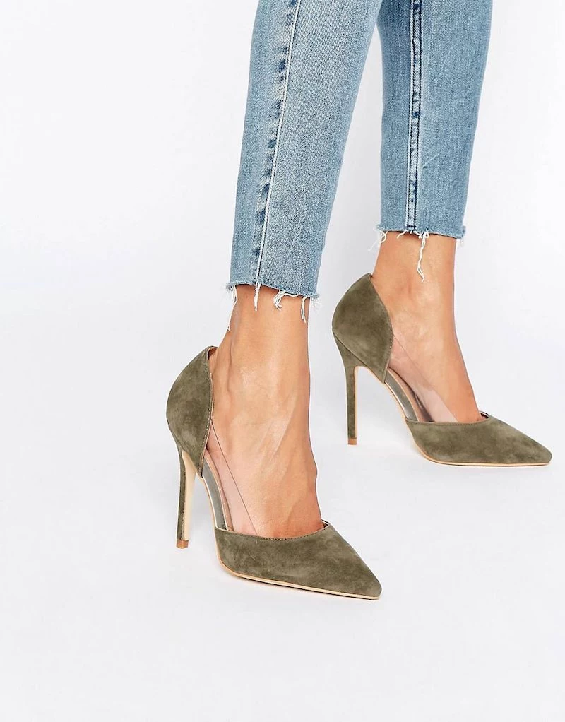 khaki suede pumps with thin heel and transparent details