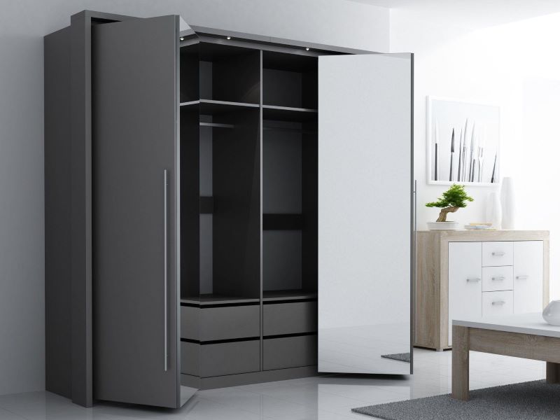 large sliding vs folding wardrobe in gray white