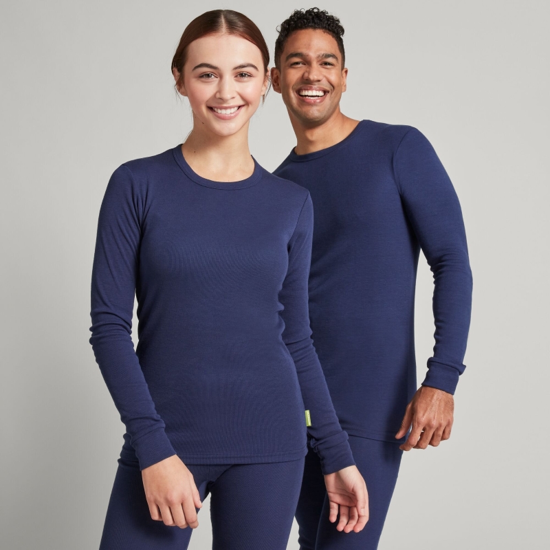 man and woman dress in blue thermal underwear