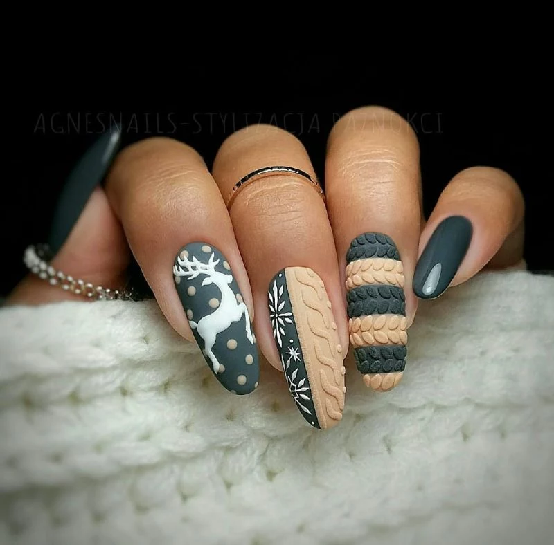 nude and green winter nail designs with decorations