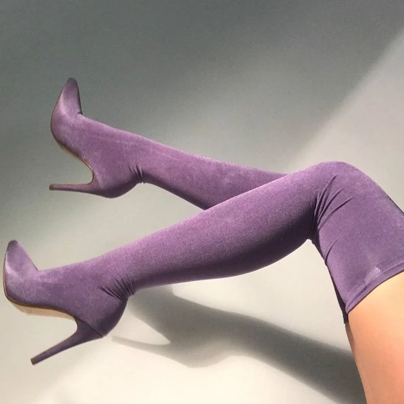 over the knee high suede boots in muted purple color