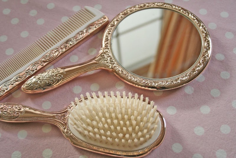 set of beautiful gold vintage brush comb and mirror