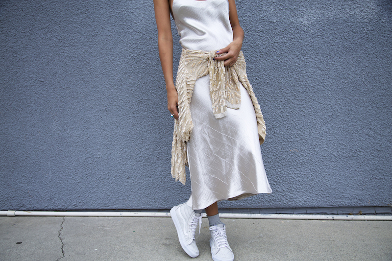 styling white vans shoes with silk dress