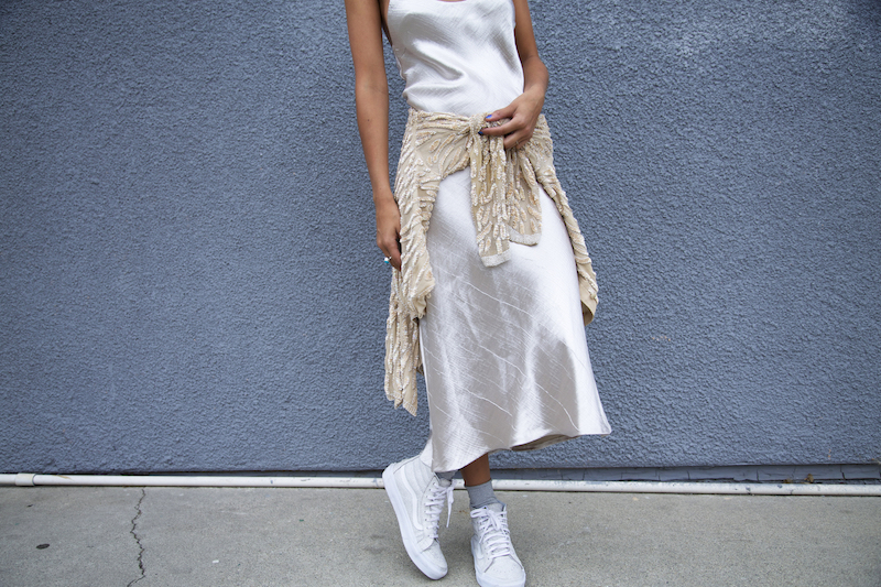 vans style white shoes with silk dress