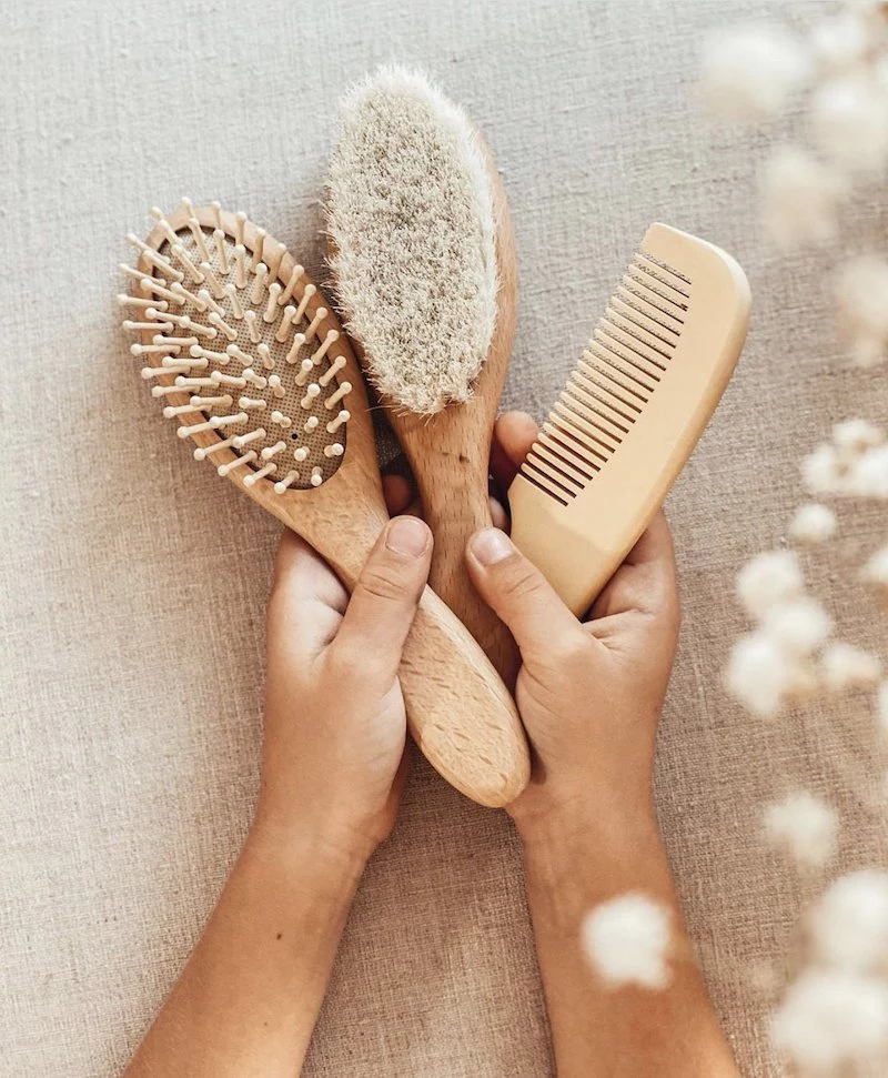 sustainable set of wooden hair combs and brushes