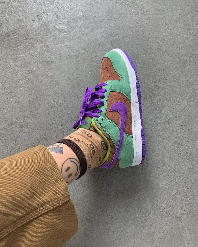 unique new model nike dunk suede sneakers in green purple and brown