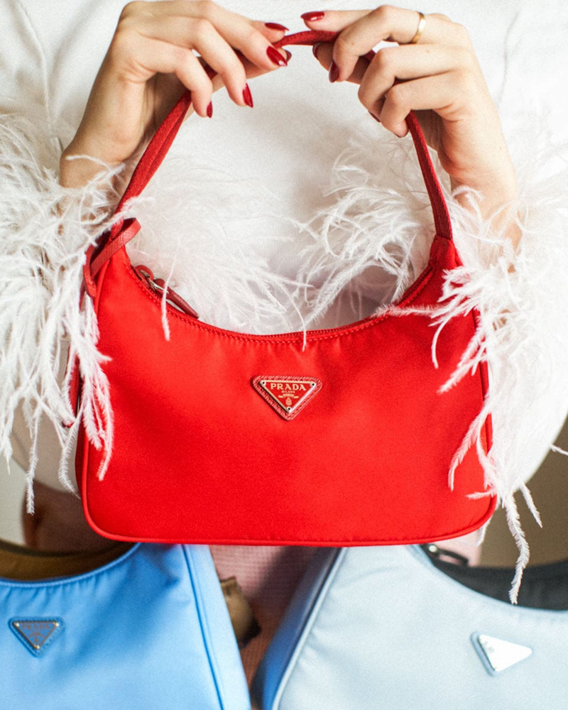 prada nylon mini reissue in bold red and baby blue