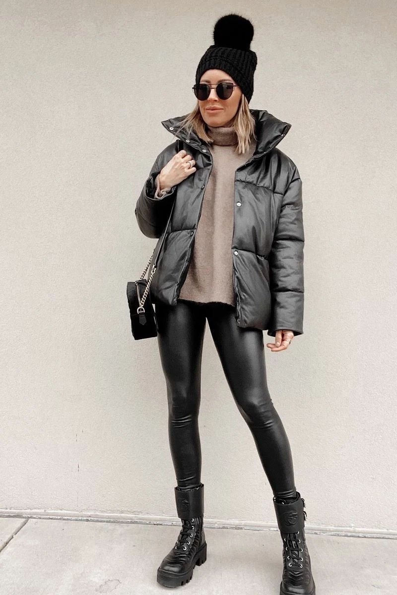 black leggings how to wear combat boots puffer jacket
