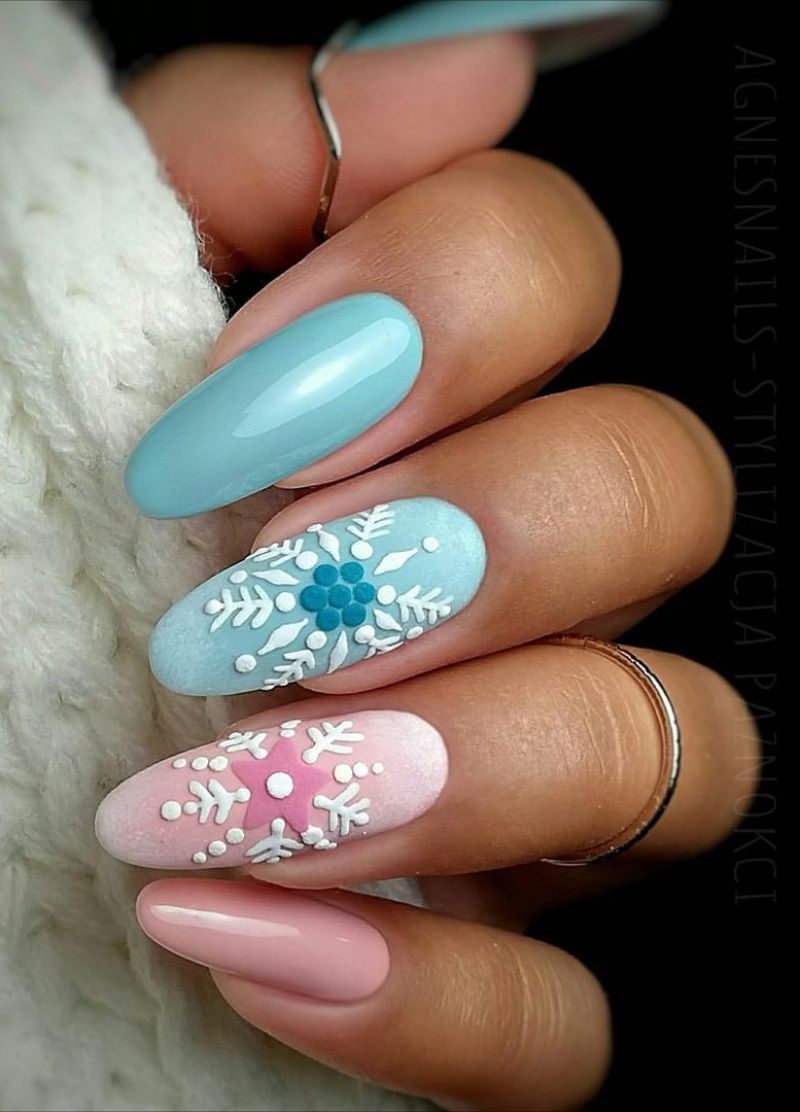 blue and pink christmas nail designs snowflakes