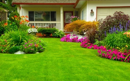 brittle lawn in front of house with flowers