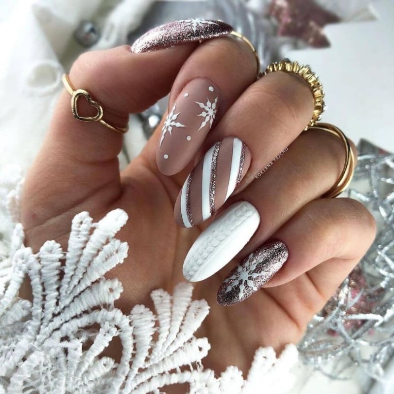 christmas nail designs beige white silver glitter
