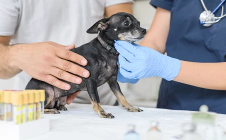 close up man petting scared chihuahua dog while veterinarian examining the pet, diagnosis and treatment of animals