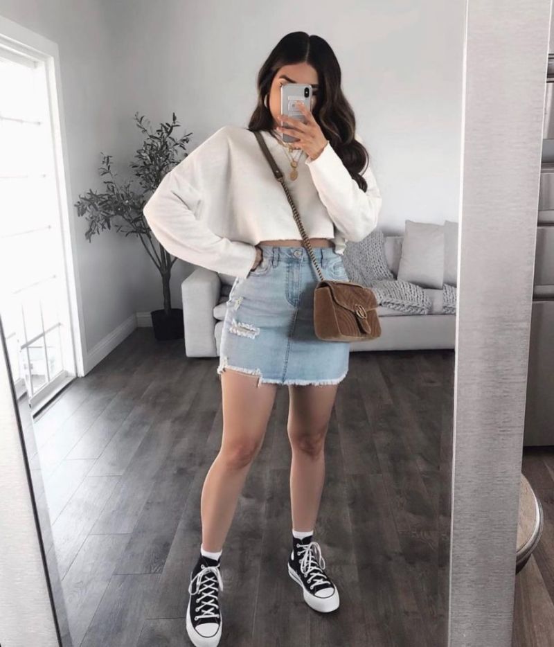denim skirt cute outfits for girls white top