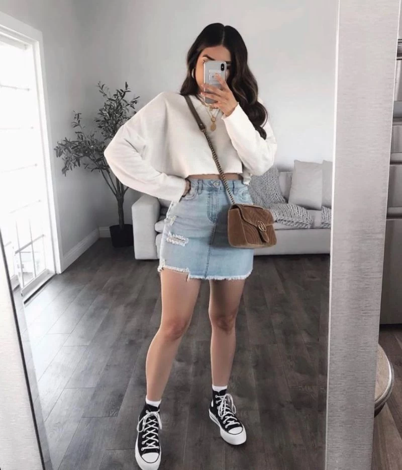 denim skirt cute outfits for girls white top