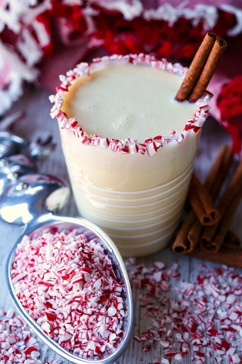 eggnog cocktail with peppermint cinnamon