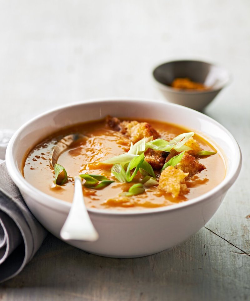 healthy meals with shredded chicken creamy soup with ginger and sweet potato