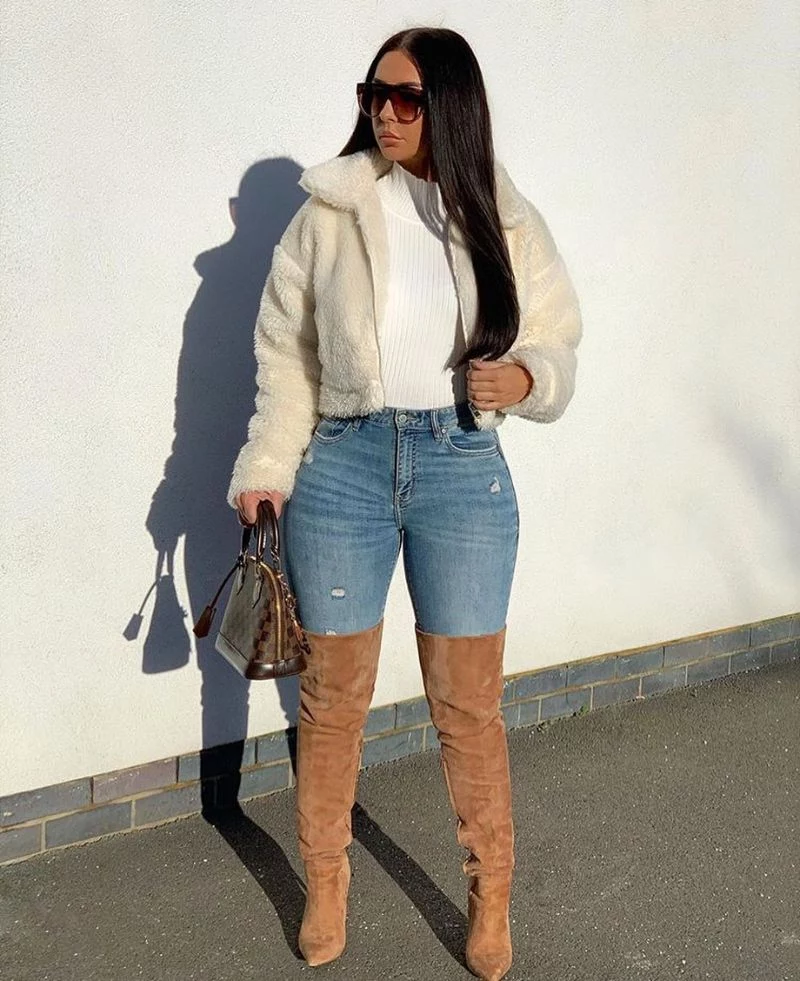 jeans cute winter night out outfits knee high boots