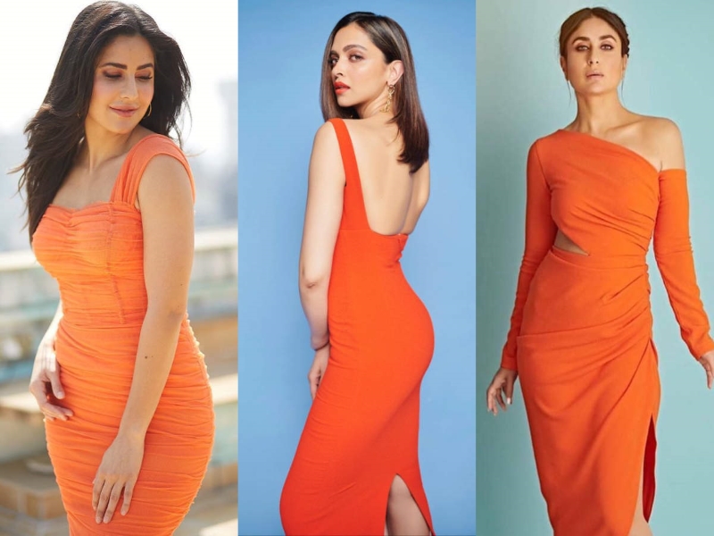 three different orange dresses shapewear