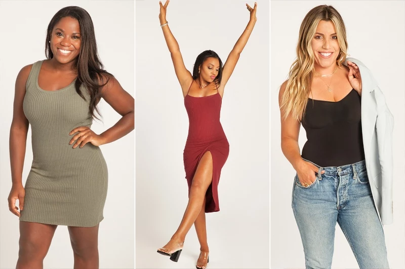 three different outfits shapewear jeans dresses