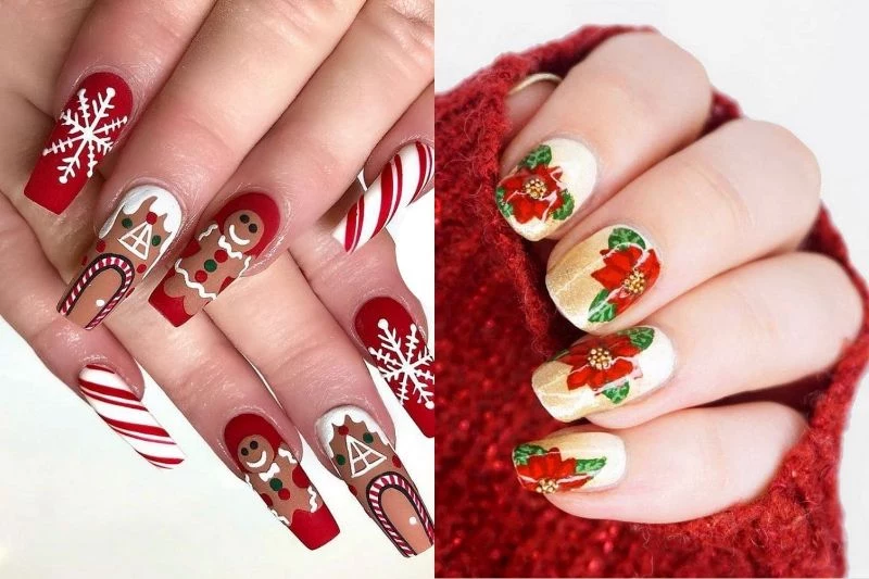 two different christmas nails 2021 with decorations