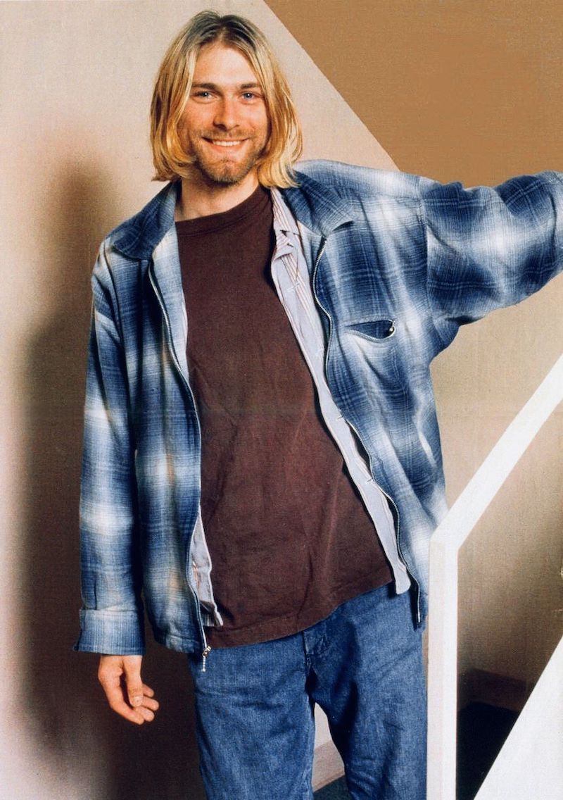90s fashion men kurt cobain with plaid flannel shirt