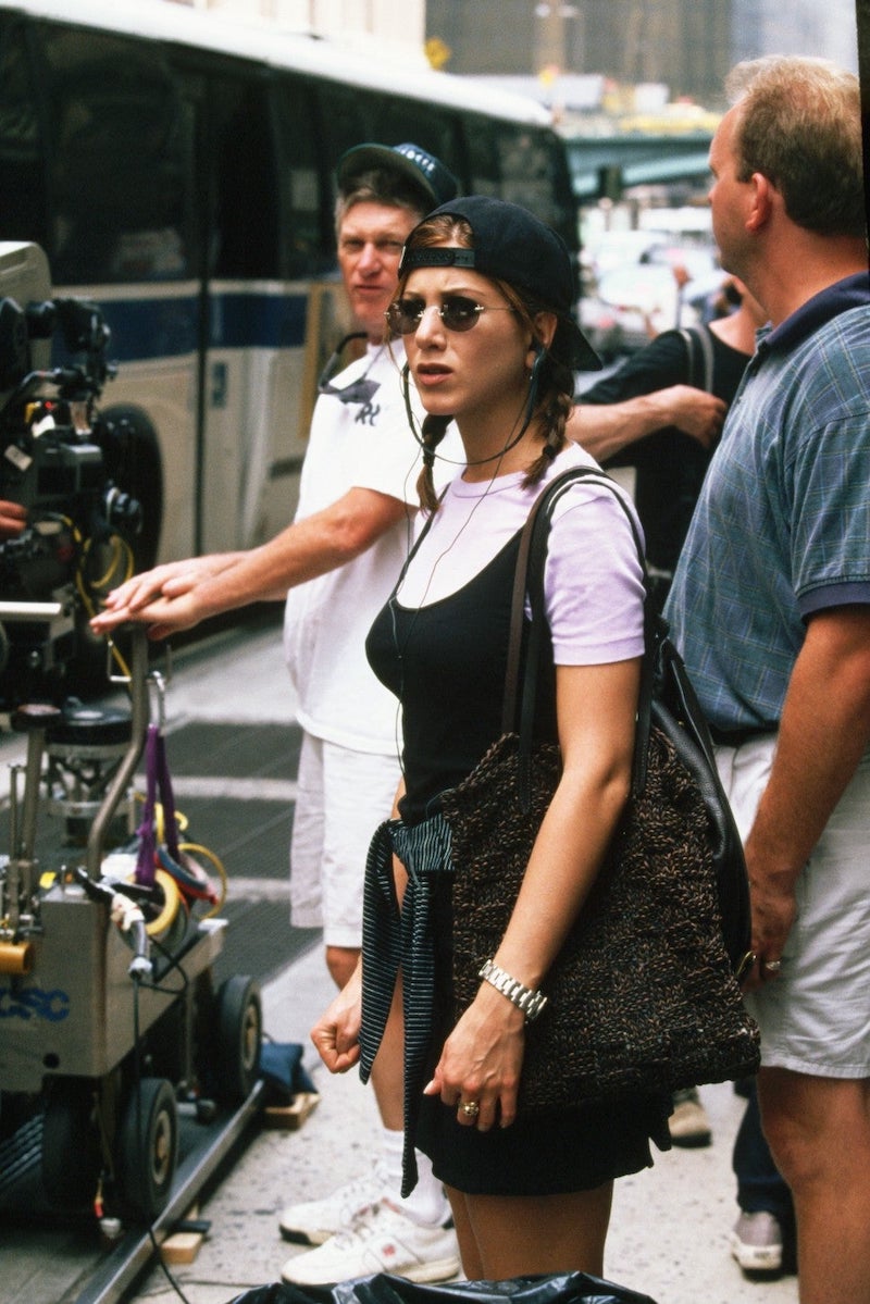 90s theme outfit jennifer aniston overalls look fashion