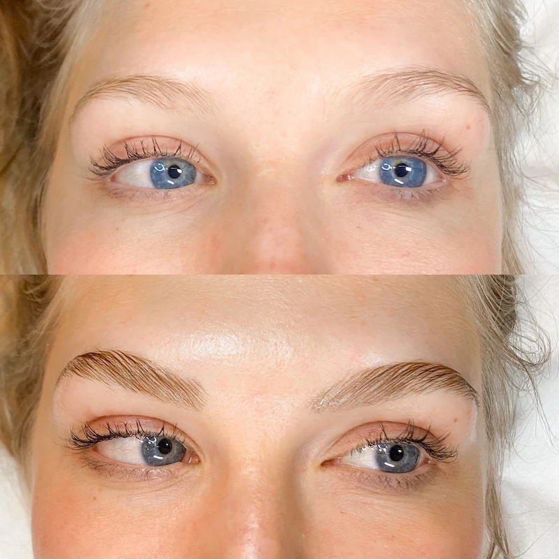 before and after eyebrow lamination on fair skin and blonde eyebrows