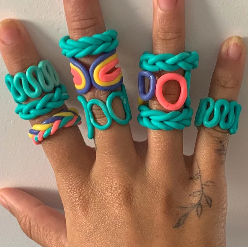 blue and pink polymer clay rings as seen on pinterest tiktok