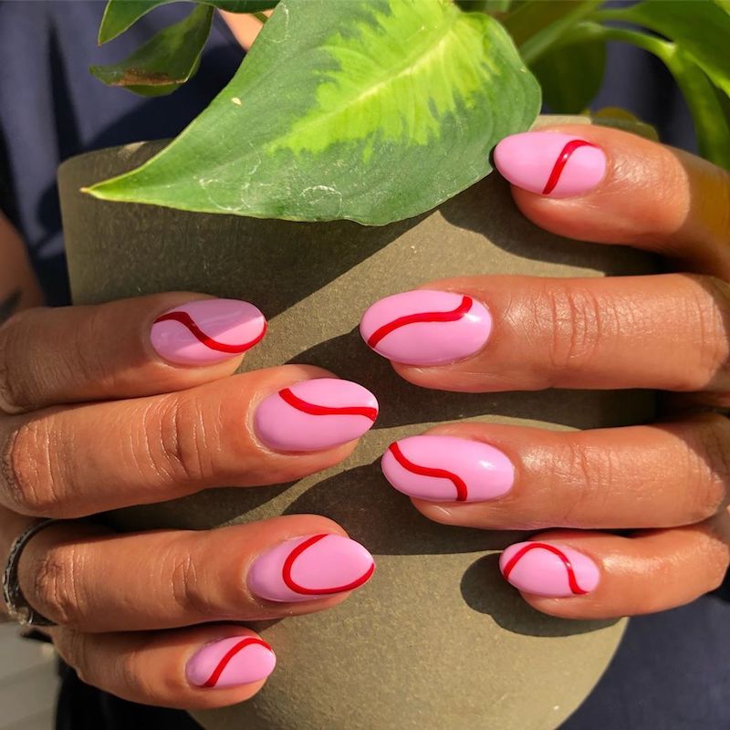 cute nail designs red wiggly lines on pink nail