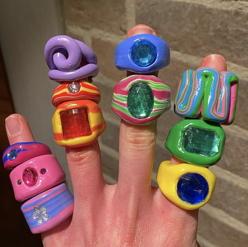extremely chunky and trendy polymer clay rings with crystal decorations