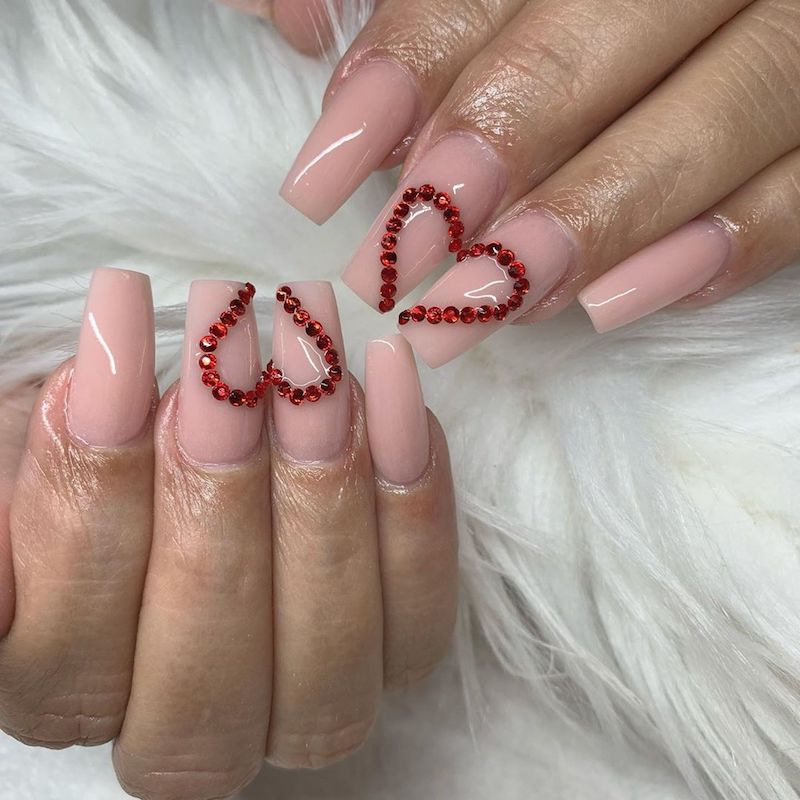 february nail ideas coffin crystal hearts