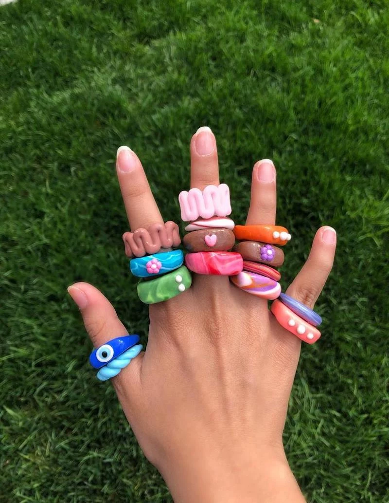 handmade trendy colorful polymer clay rings with cool unique designs