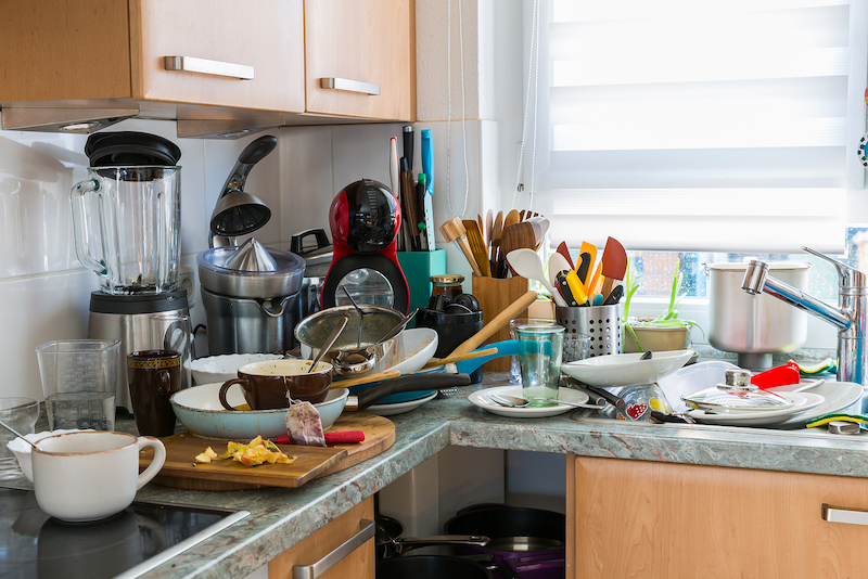 Cluttered kitchen countertop