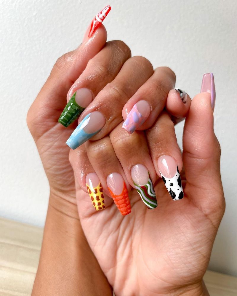 multi colored nails multi patterns coffin nails