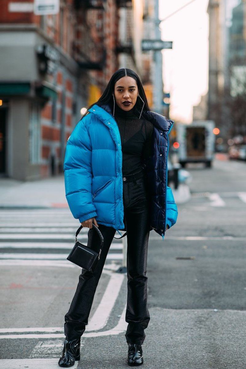 nyc outfits blue puffer jacket