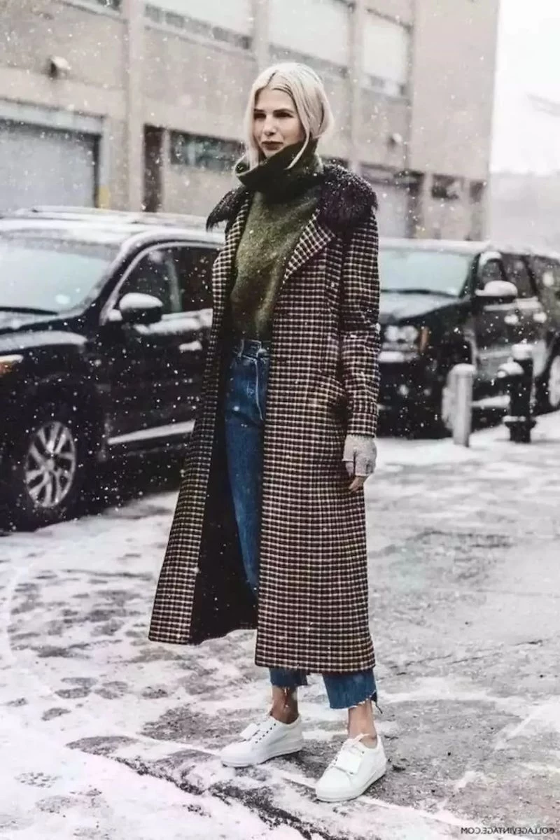 nyc winter fashion white sneakers long coat