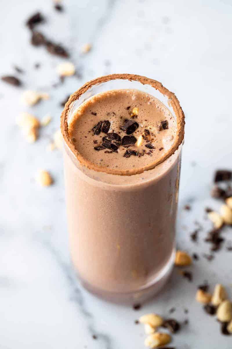 peanut butter chocolate protein shake with chocolate protein powder