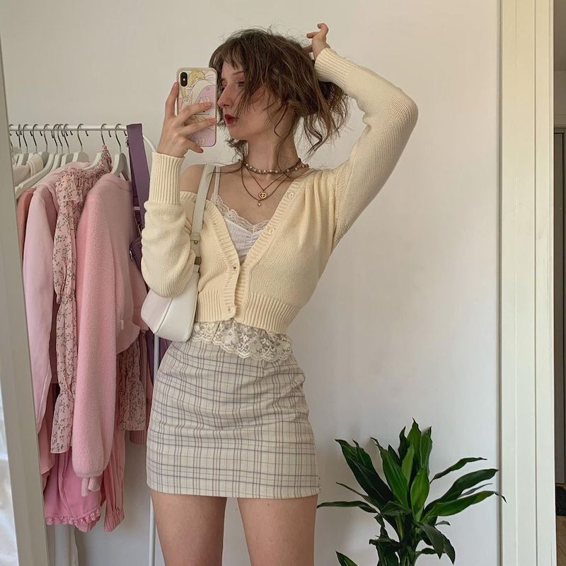 pretty aesthetic girl outfit with skirt and cardigan