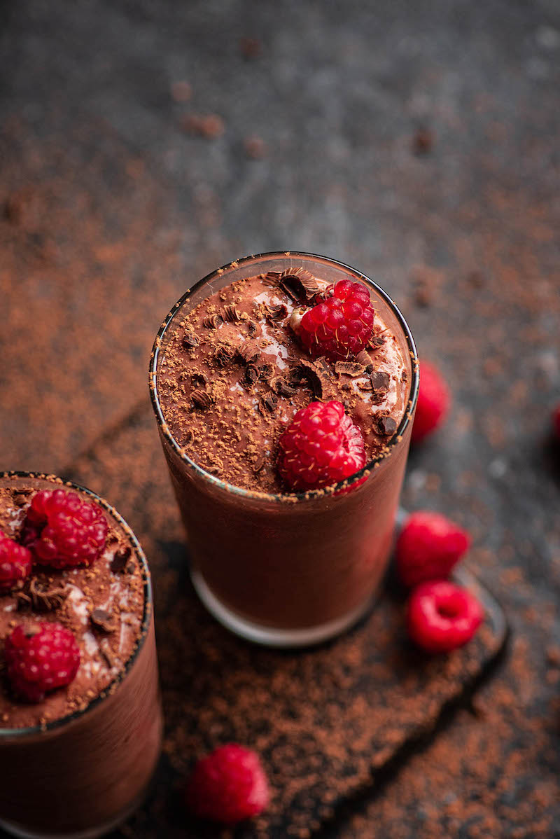 vegan chocolate raspberry protein shake with chocolate protein powder