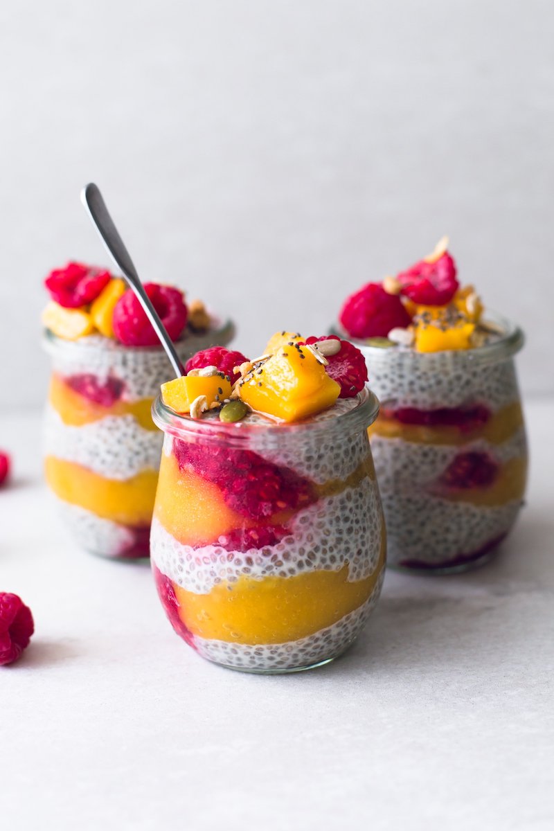 vegan mango raspberry chia seed pudding healthy delicious refined sugar free