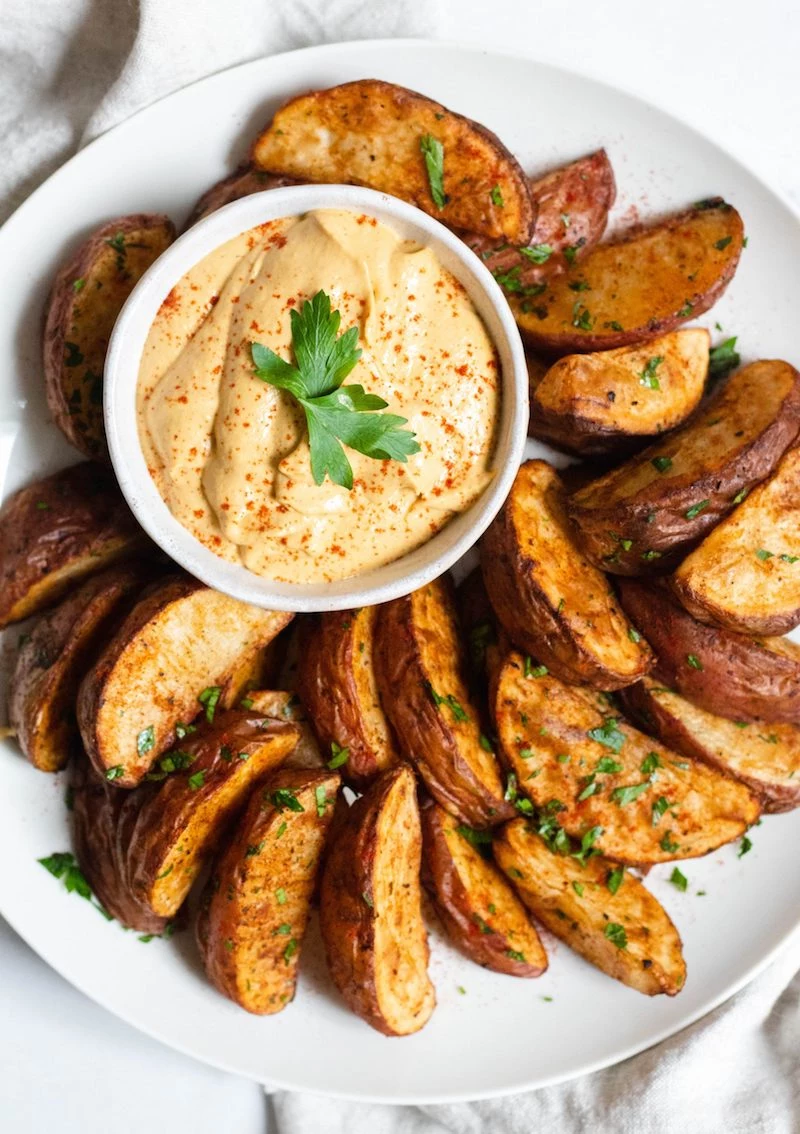 air fryer potatoes oven roasted potato wedges and vegan queso