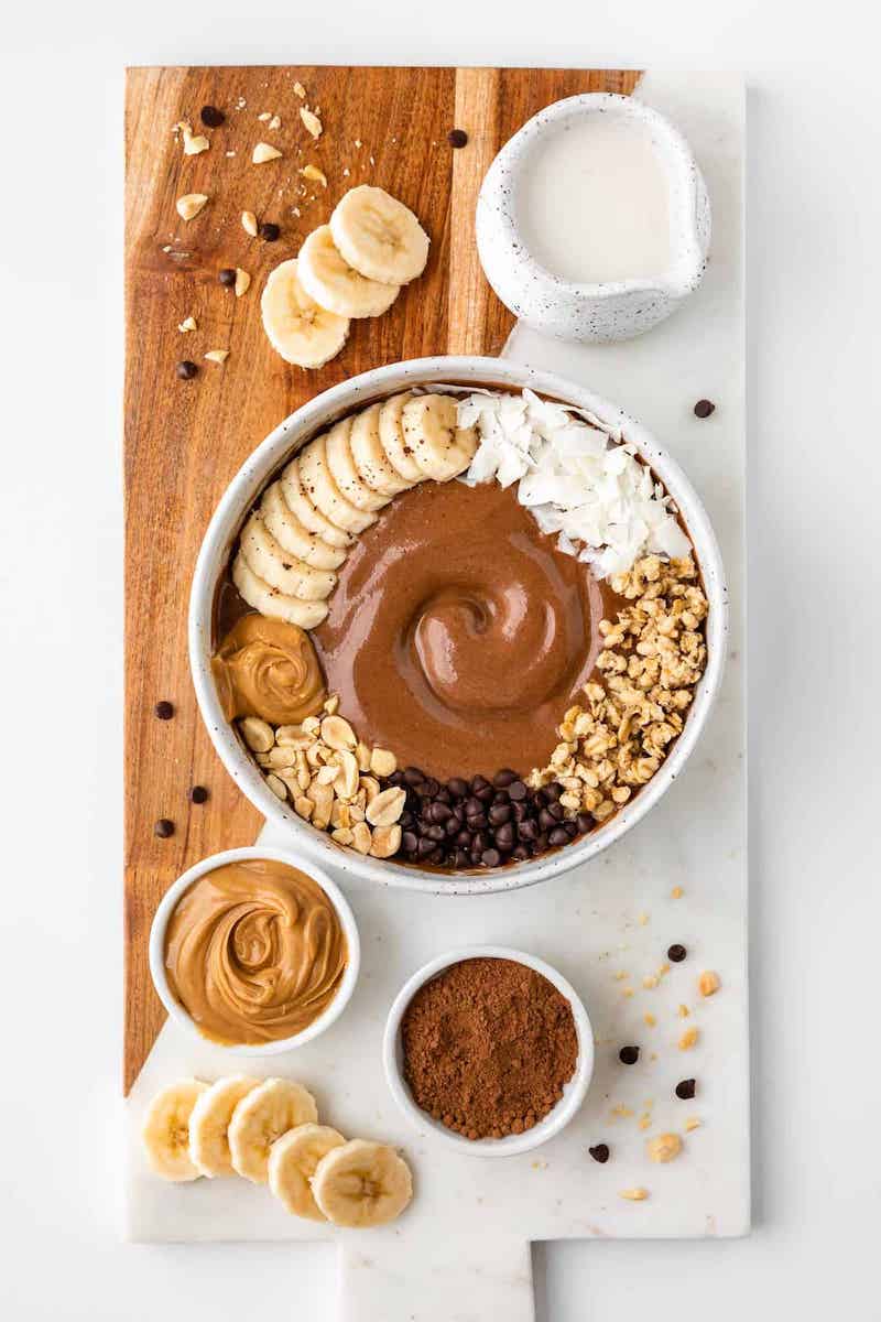 chocolate pb smoothie bowl serving board ingredients