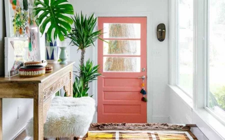 colourful entryway with coloured aztec rug pink door and moroccan side table