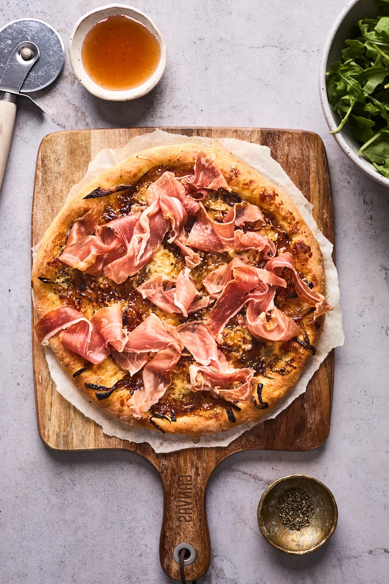 fig prosciutto gorgonzola and arugula pizza with hot honey dinner