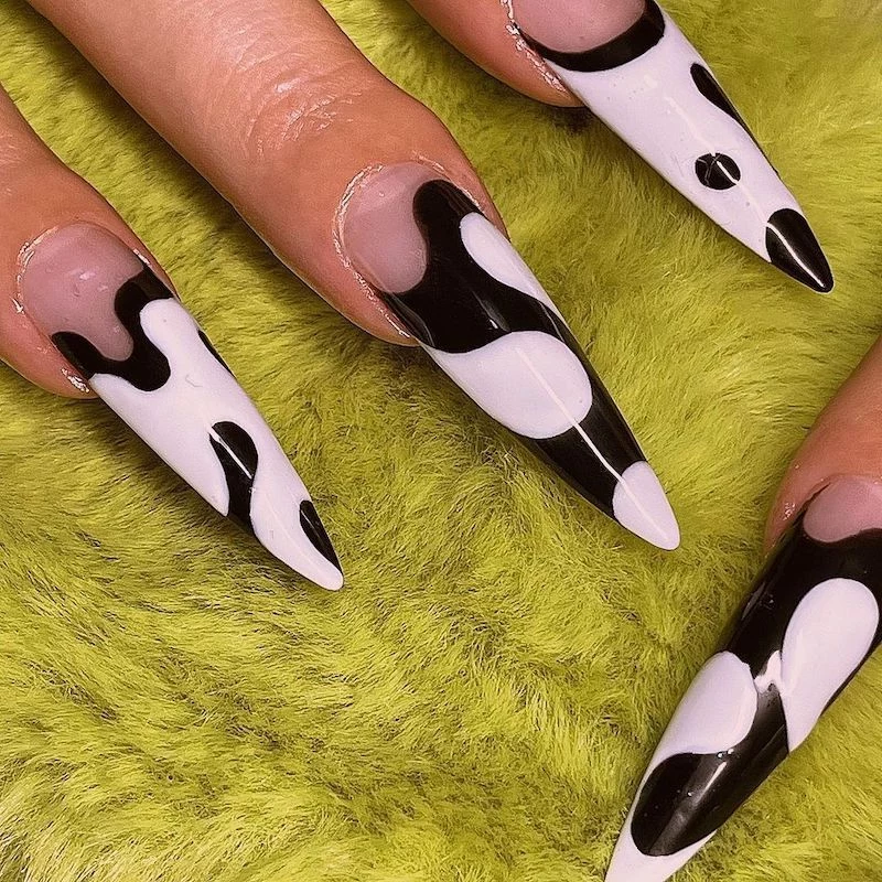long acrylic nails black white design