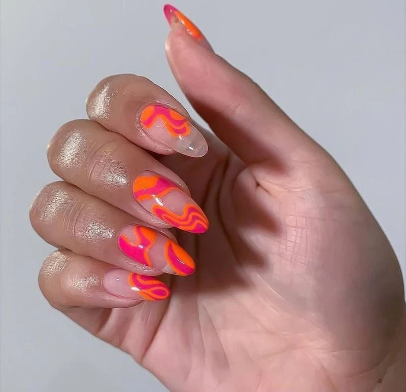 long acrylic nails pink and orange