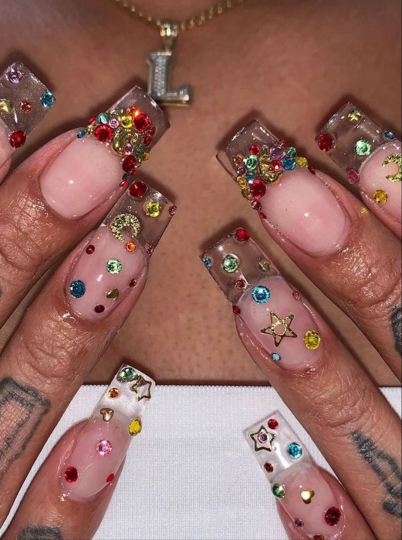 long nails with colorful crystals